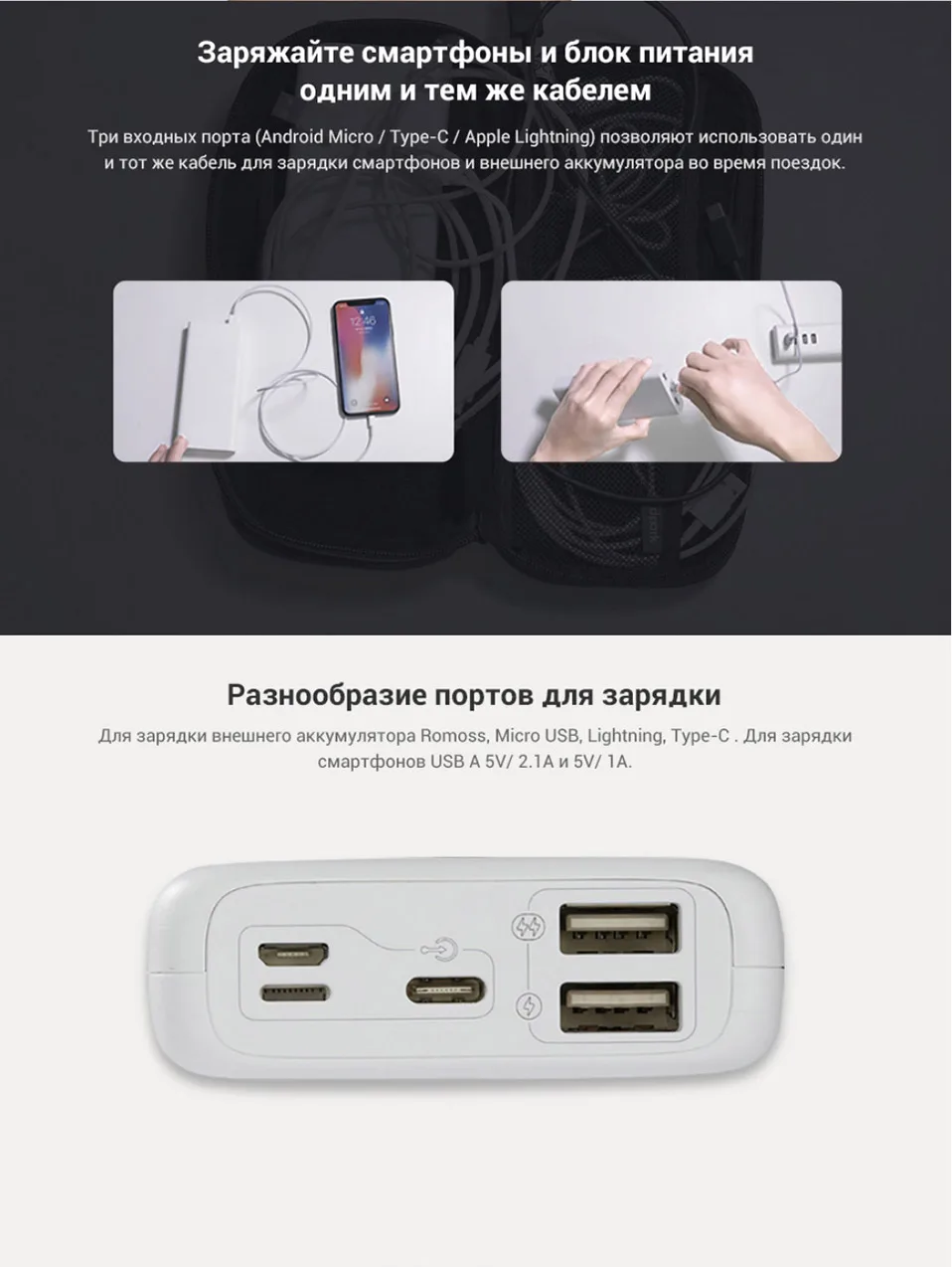 Внешний аккумулятор Romoss OM10 10000мАч с показанием уровня заряда повербанк с индикатором [ из России]