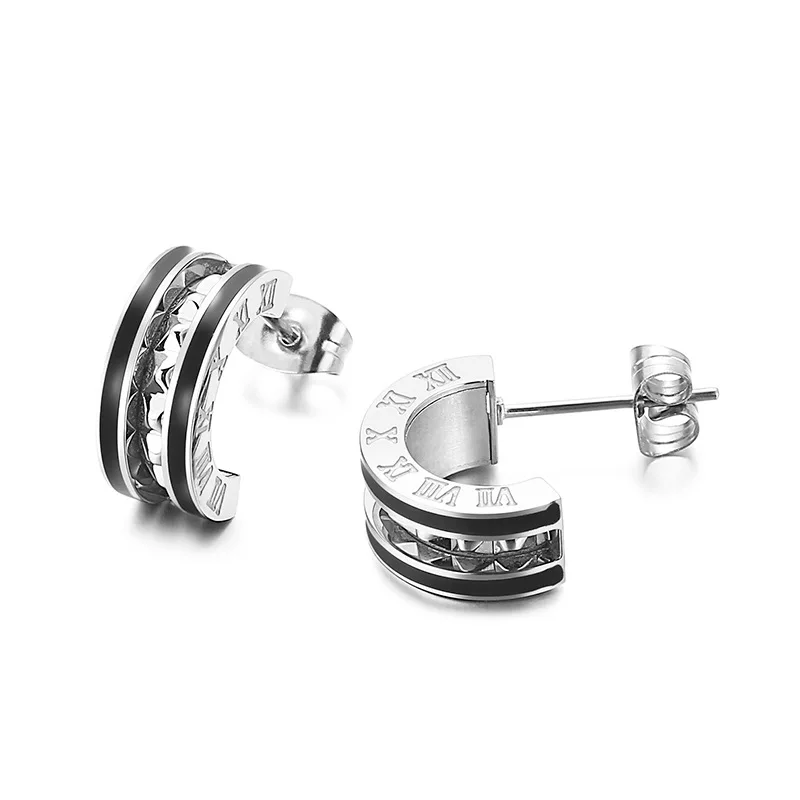 

New Simple C-shaped Earring Fashion Roman Numerals Titanium Steel Rivet Earrings