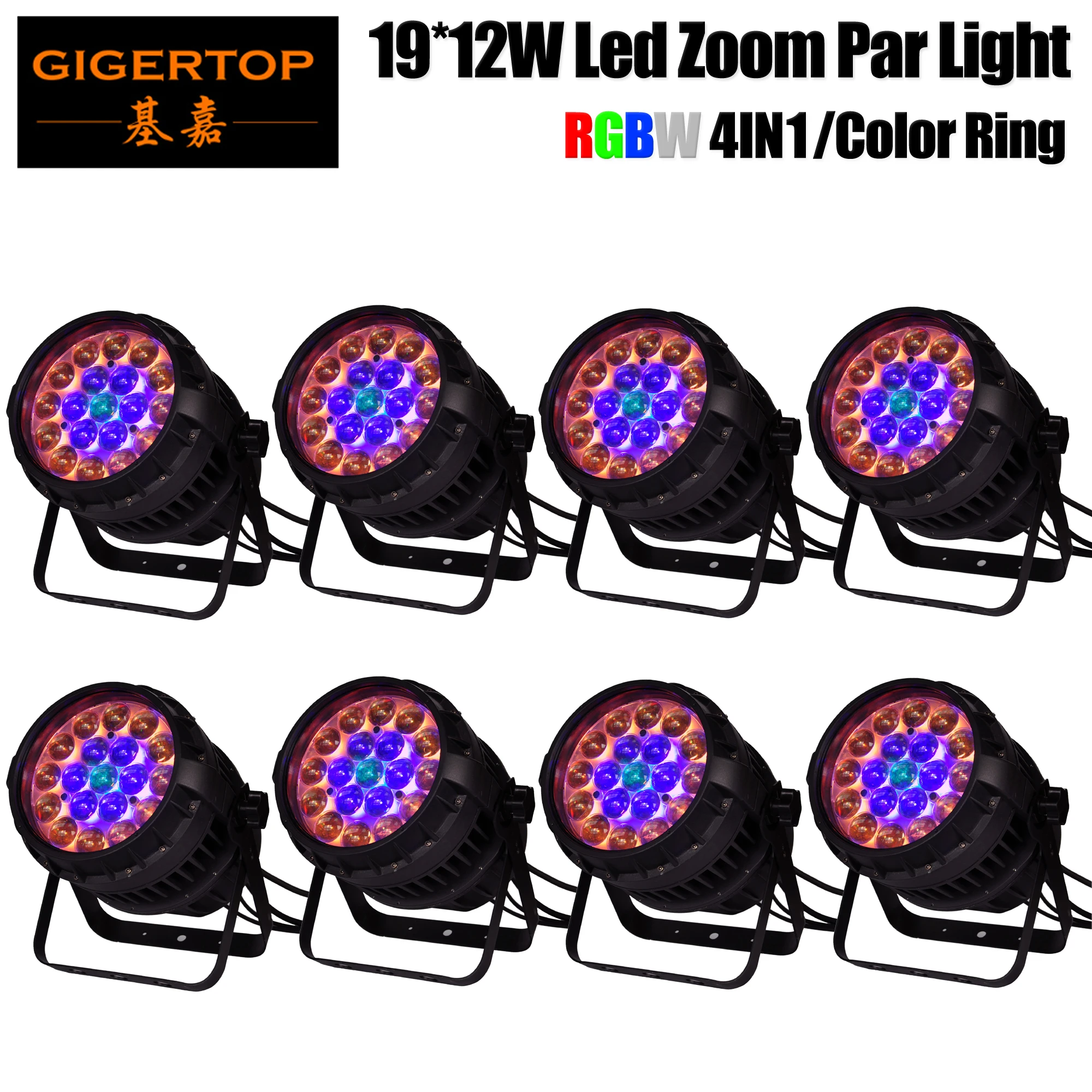 

Gigertop TP-P83 8 Pack 230W High Power Zoom Led Waterproof Par Cans IP65 Strong Handle Color Individual Control Ring 6/10/18 DMX
