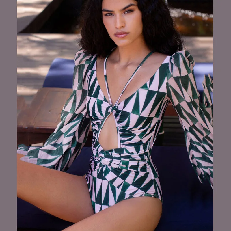 Женский купальник с высокой талией Цельный женский в стиле ретро сетчатый