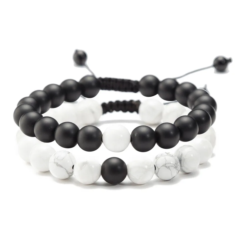 Белые черные стеклянные бусины браслет на шнуровке регулируемый влюбленный пара