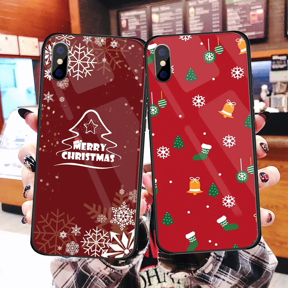 Роскошный Рождественский чехол для iPhone X XS XR XSMAX, жесткий стеклянный чехол Чехол для iPhone 5 5S SE 6 6S 7 8, новогодний подарок, Conque