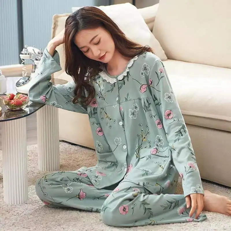 Two-Piece Set Women Home Clothes Spring Autumn Long-Sleeved Trousers Viscose Cotton Pyjamas Suits Women Sleepwear Homewear