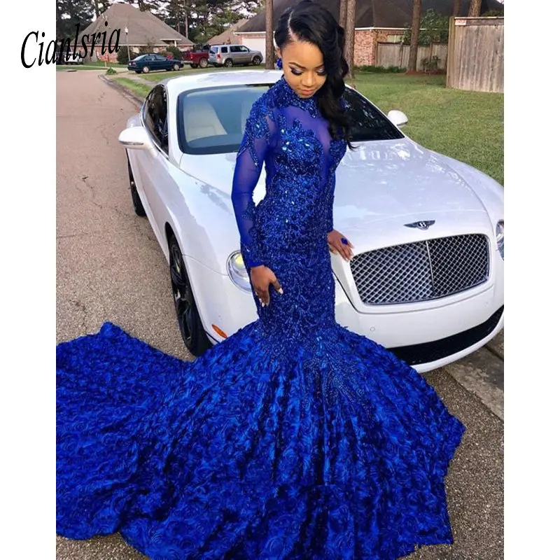 

Royal Blue Black Girls African Mermaid Evening Dresses High Neck Long Sleeve Appliques Beading Flowers Masquerade Party Dress