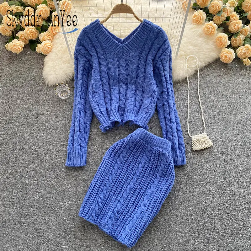 

Зимние женские комплекты из двух предметов, теплый вязаный костюм для женщин, Свободный пуловер с V-образным вырезом, свитер и аксессуары, од...