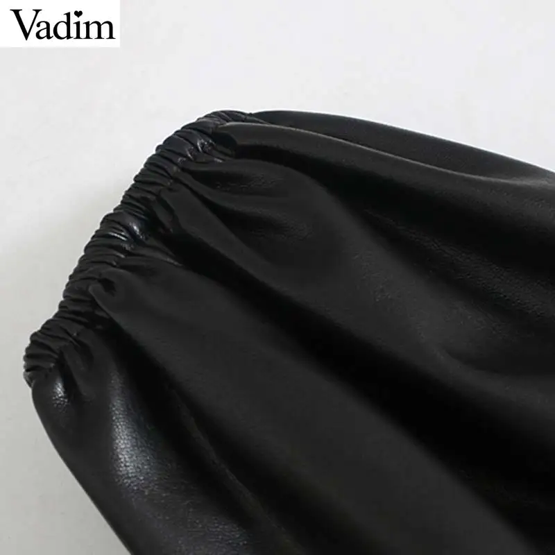 Vadim women elegant solid PU leather mini dress three quarter sleeve turn down collar straight female chic casual dresses QC941