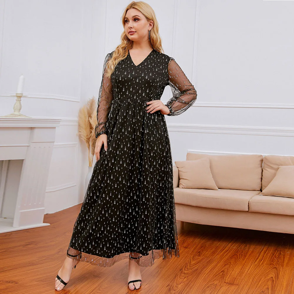 

Autumn Winter New Womens Dress Fashion Long Sleeve Middle East Plus Size Dress Lace Sequin Long Dress Wedding Evening Dresses