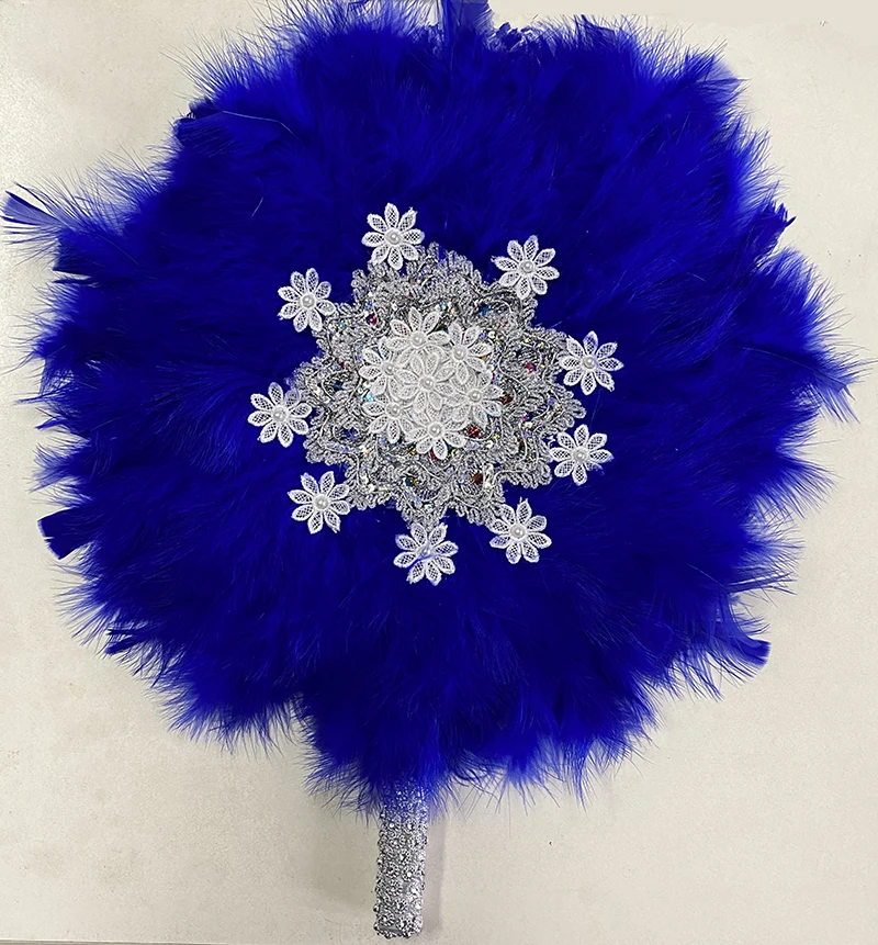 

Navy Blue Feather Hand Fan Handmade Luxurious Dance Lace Feather Fans for Wedding Party Gift Dropshipping TOP Wedding Decoration