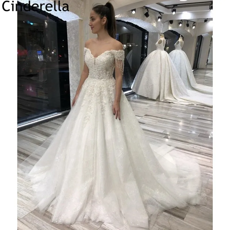 

Wedding Dresses Shining Off The Shoulder Sweep Train Tulle Lace Crystal Wedding Bridal Gowns With Lace Up Back vestido de noiva