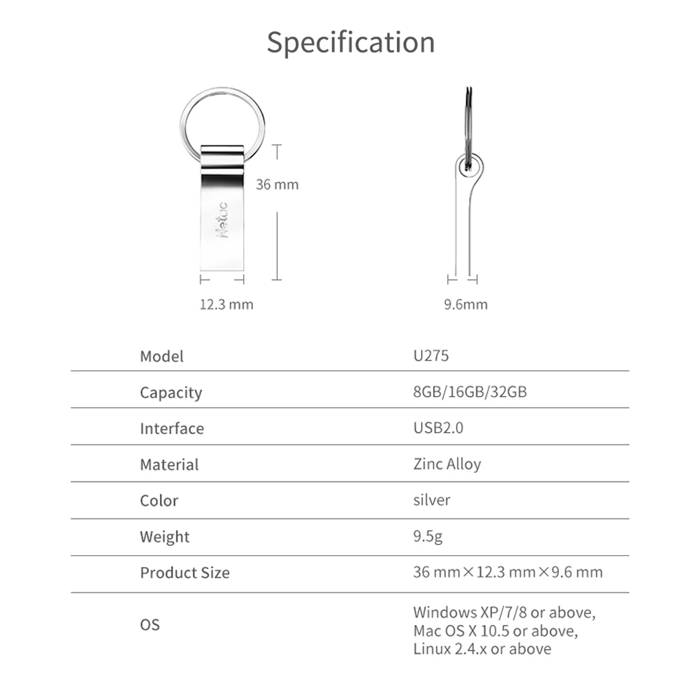 Netac U275 металлическая Флешка с кольцом для ключей 8 ГБ 16 32 Aluninum сплав USB 2 0 |