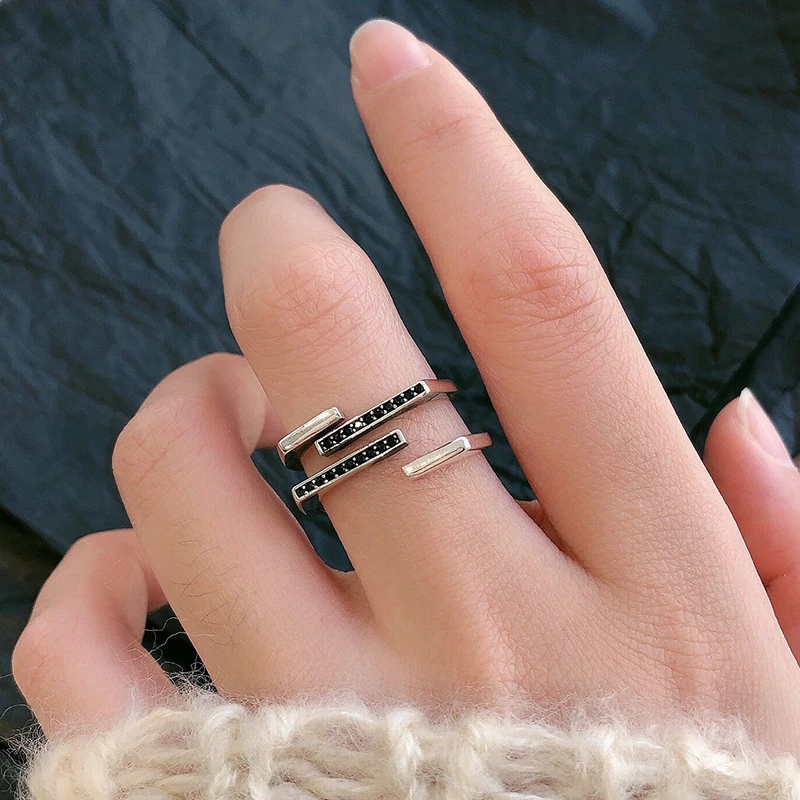 

Multi-layer Cross Simple Black Cubic Zirconia Silver Color Adjustable Rings For Women Elegant Glitter Jewelry Wholesale