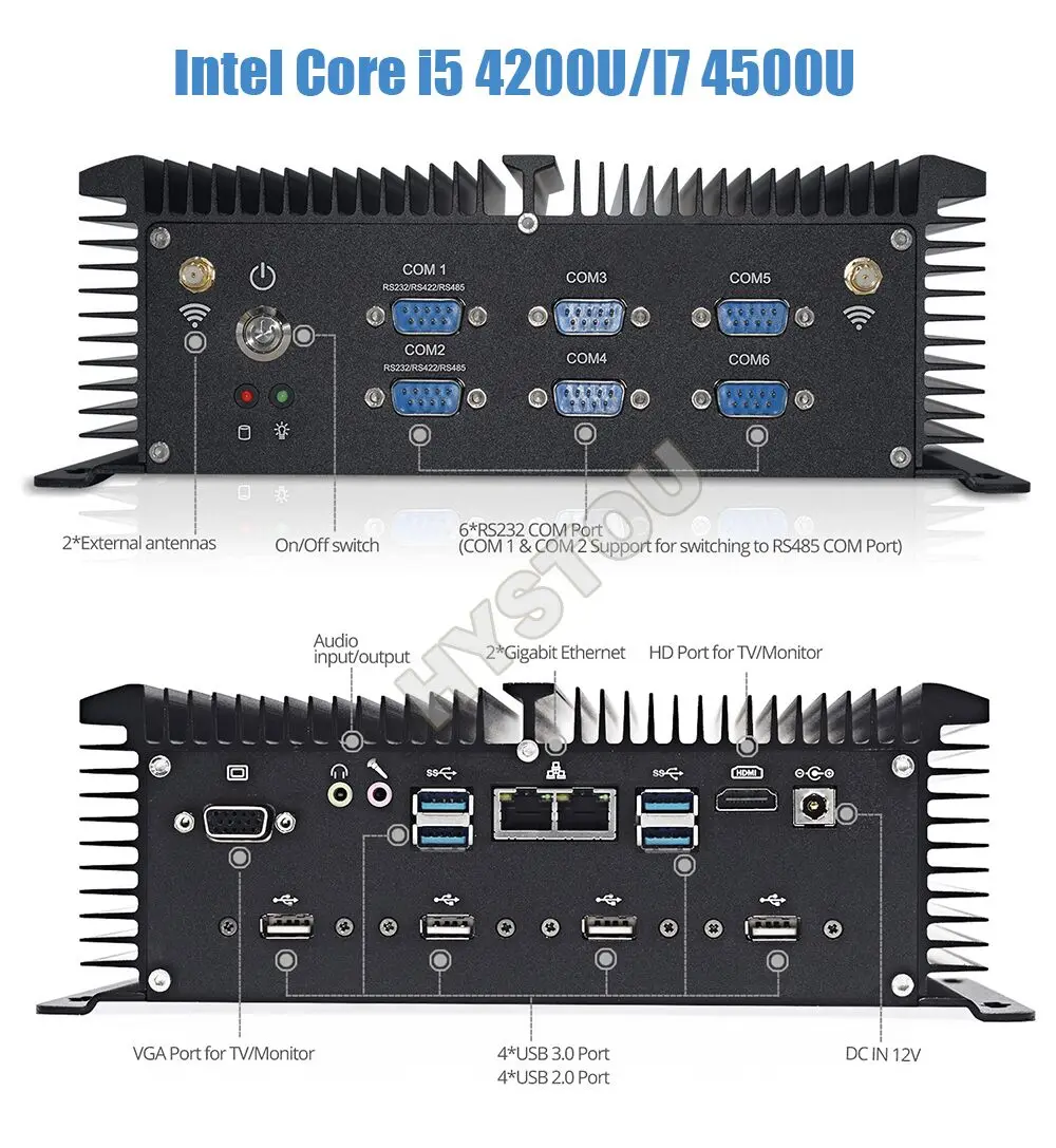 I5 4200u безвентиляторный industial Mini PC Windows 7 10 Core i7 5500U 2* Intel Lan 6* RS232 COM компьютер 2955u Wi-Fi 2* HDMI 4 k HTPC