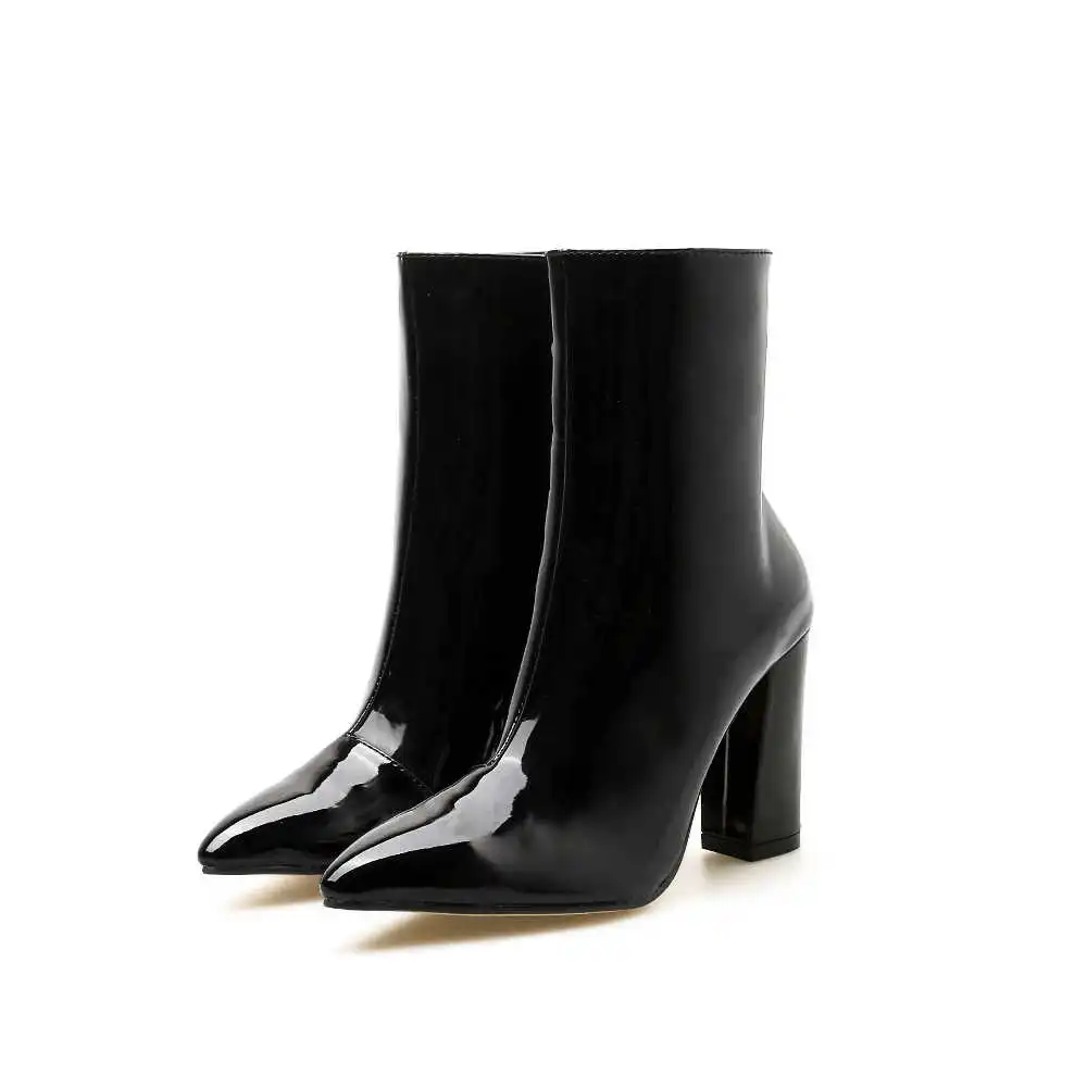 

2019 patent leather pointed thick heel high-heeled zipper Knight's boot medium boot size 42