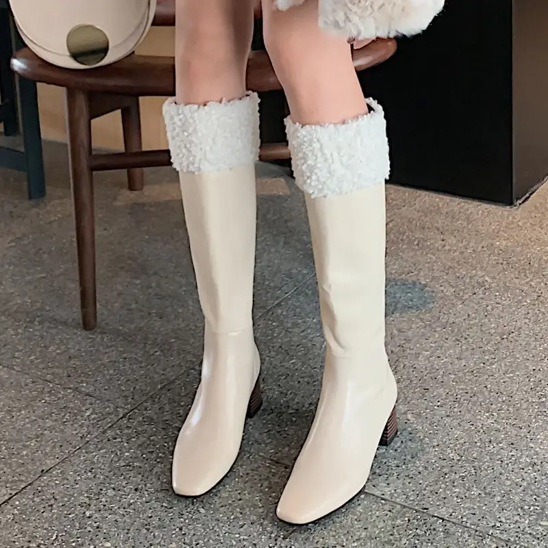 

RIZABINA Real Leather Women Knee Boots Thick Heel Fur Square Toe Zipper Shoes Warm Boots Women Fahion Party Footwear Size 33-40