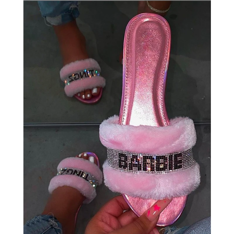 

Новинка осени 2021, женские плюшевые тапочки, открытый носок, стразы, плоские тапочки, Уличная Повседневная женская обувь