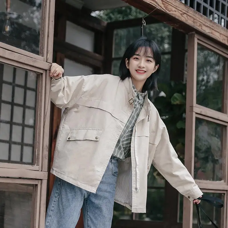 

Women's stand-up collar BF style loose zipper short jacket female coats Spring and Autumn 2021 5XL size