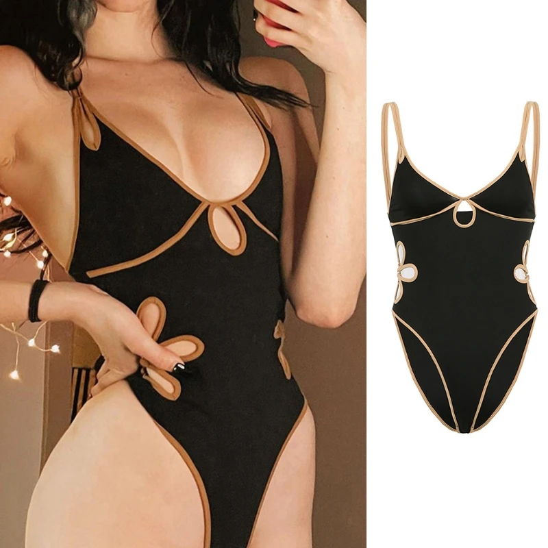 

066C Women Sexy Double Strappy Sleeveless Bodysuit Deep V-Neck Hollow Out Floral Leotard Contrast Color Backless Rompers