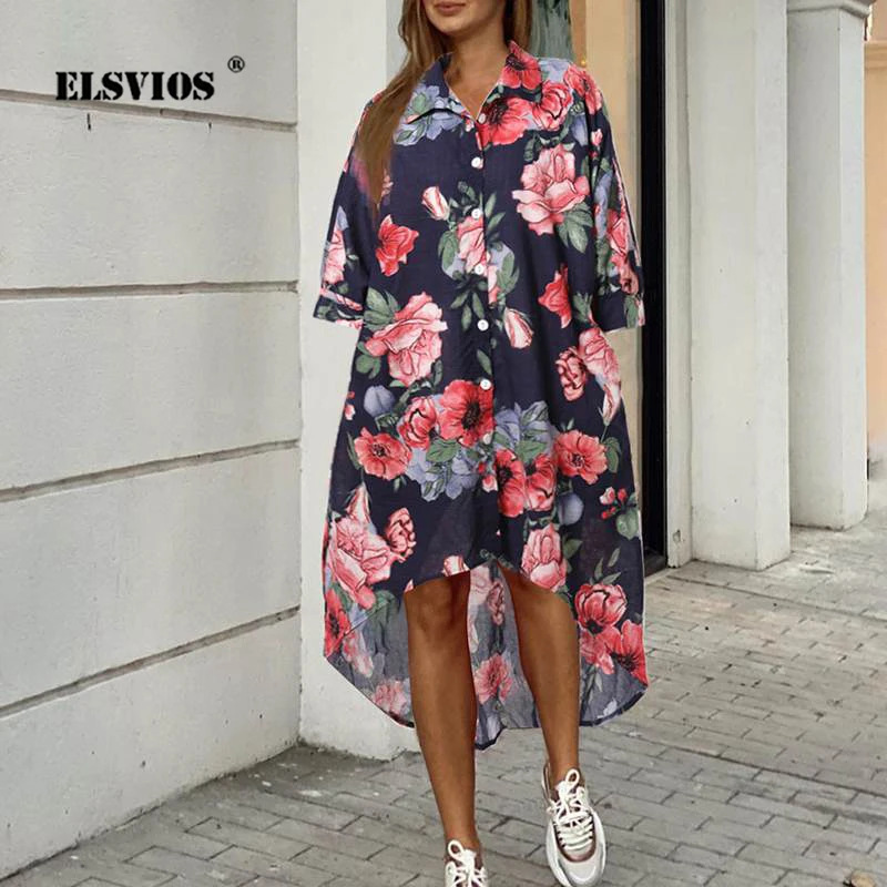 

New Women Turn-down Collar Flower Print Casual Shirt Dress Fashion Summer Half Sleeves Buttons Cardigan Irregular Elegant Dress