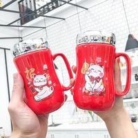 festive red lucky cat mirror ceramic mug creative leak proof sealed lid with handle coffee cups cute cartoon cat mug