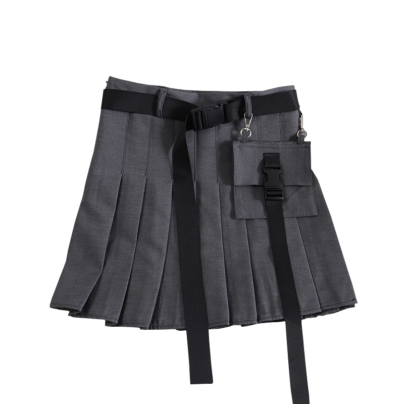 

1207 pocket pleated skirt short skirt dark black women's high waist punk fashion Japanese work dress belt skirt fashion