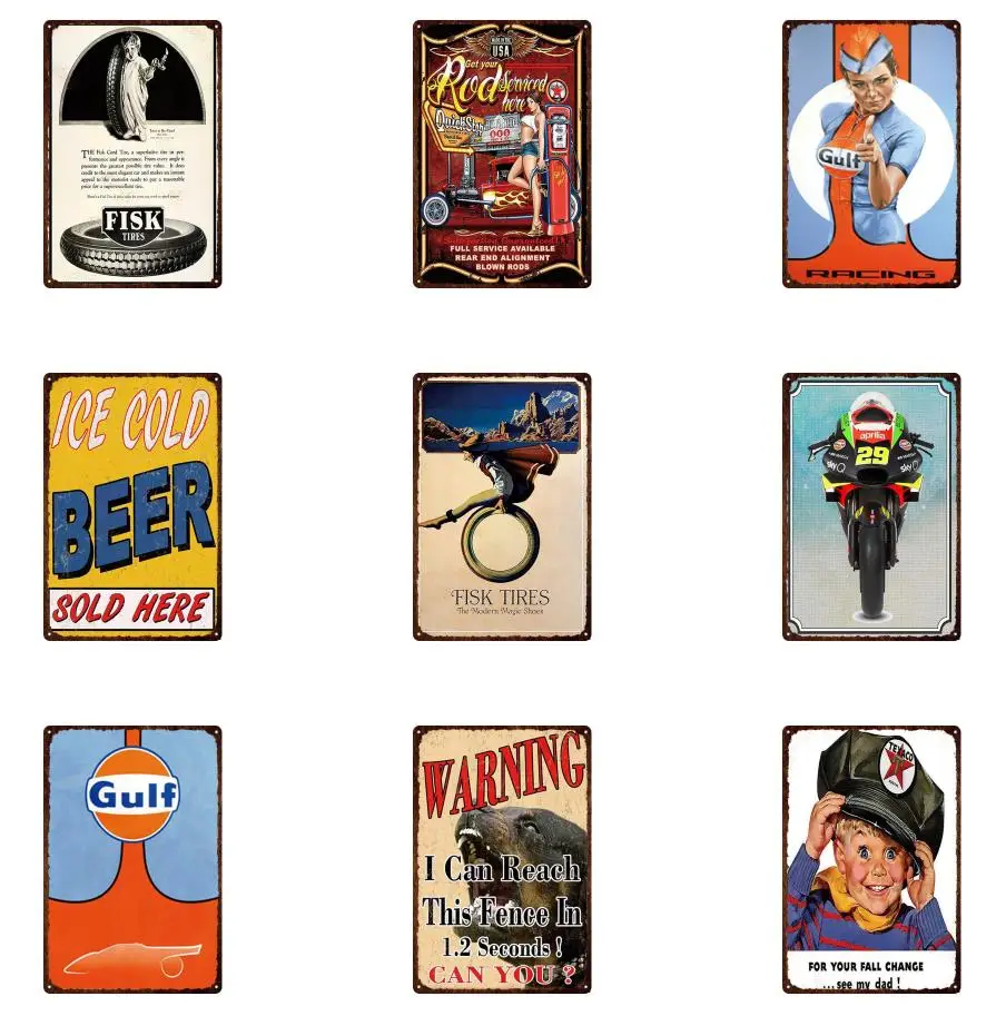 

Plaque Vintage Tin Metal Signs Iron Painting Gulf Fisk Tire Ice Cold Beer Sold Here for Wall Decor
