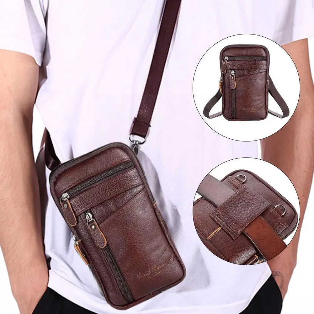 

Vertical Men's Leather Mobile Phone Bag With Belt, Diagonal One-shoulder Belt Anti-theft Multi-functional Bag Men's Zipper I1Q8