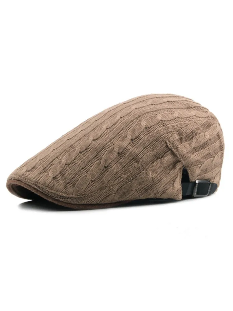 

Spring Autumn Knitting Beret Cap Winter Men Solid Visor Wool Peaked Cap Middle-aged Herringbone Khaki Flat Ivy Hat Adjustable
