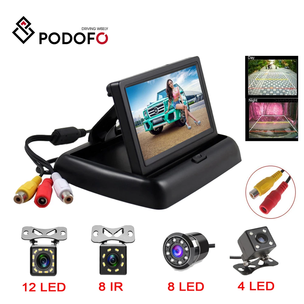 Podofo, 4,3 дюймов, HD, Складной автомобильный монитор заднего вида, Реверсивный, LCD TFT дисплей с ночным видением, резервная камера заднего вида для автомобиля