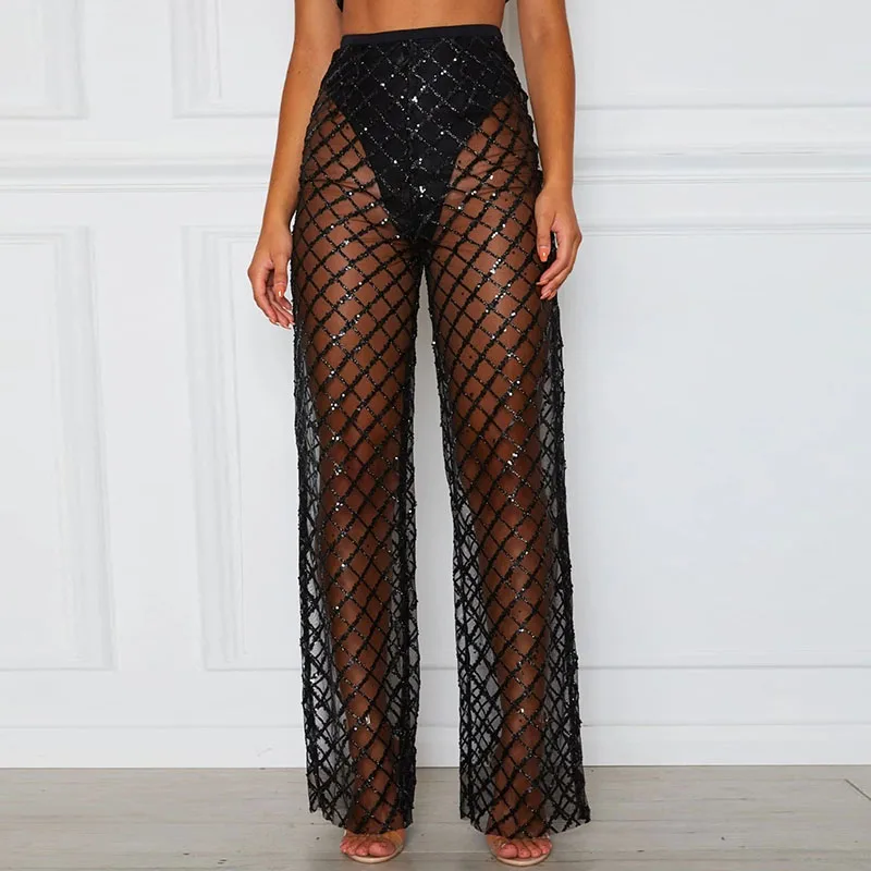 Новые пикантные клетчатые женские пляжные сетчатые брюки прозрачные широкие