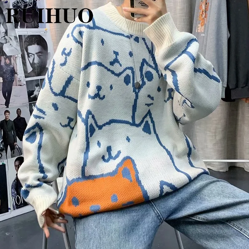 Свитер RUIHUO с мультяшным котом Мужской пуловер уличная одежда в стиле хип-хоп