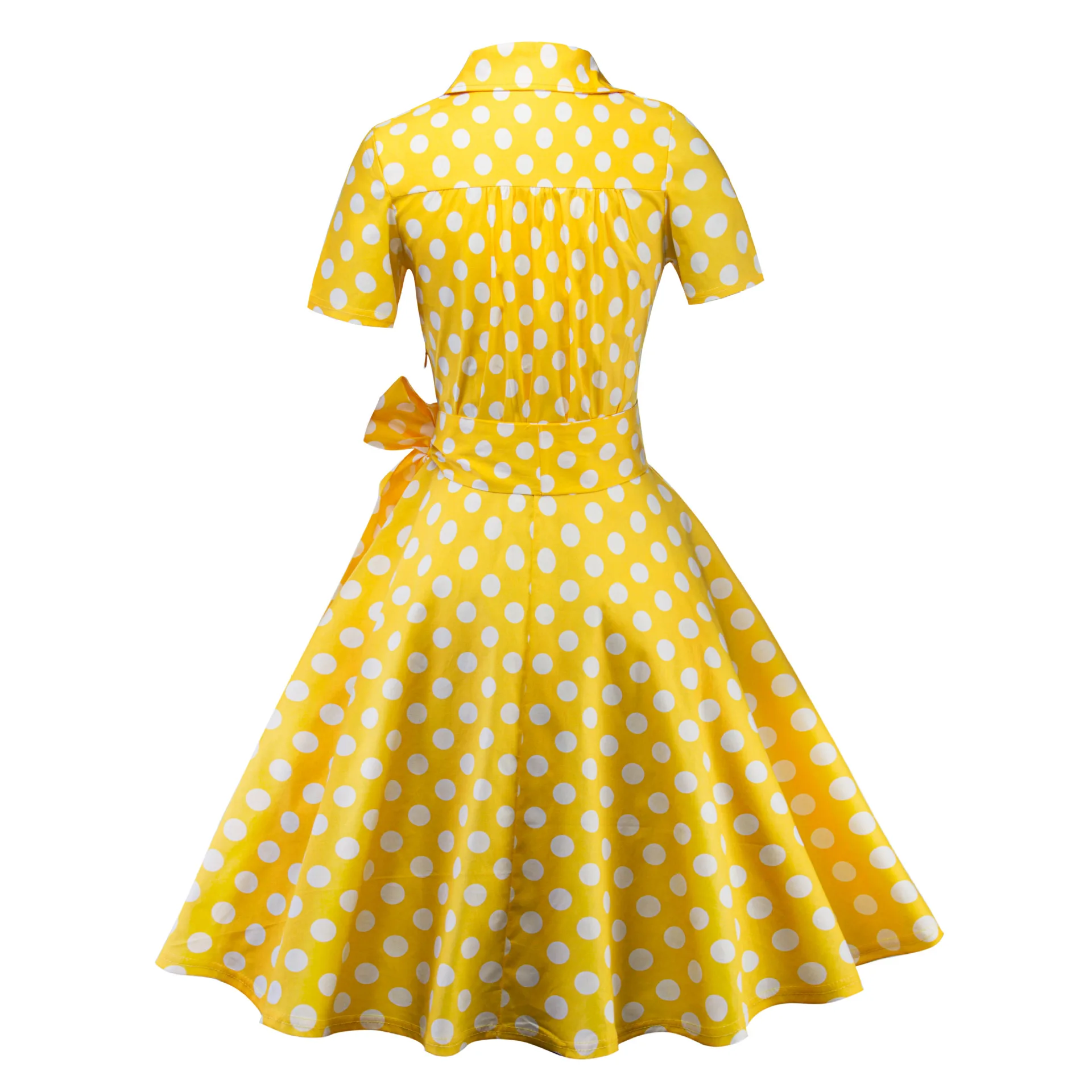 

BacklakeGirls 2020 Plus Size Women Turn Down Collar Short Sleeves Pure Color Polka Dot Print Lace-Up Waist Big Swing Party Dress