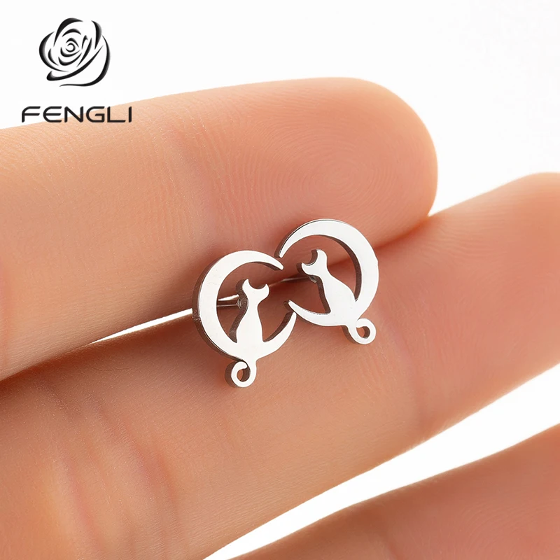 FENGLI милые серьги из нержавеющей стали для женщин Moon Cat маленьких детей