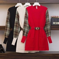 plus size womens 2021 spring and autumn new loose and thin fake two piece sweater plaid western knitted dress