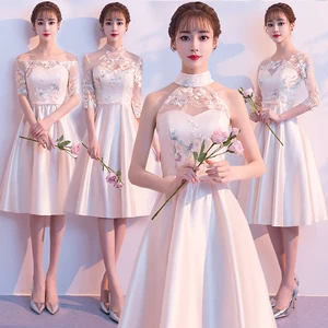 Bridesmaids Dresses Illusion V-Neck Embroidery Bow Lace Knee-Length Tulle Sleeveless Luxury A-Line Women Wedding Party Gown E092