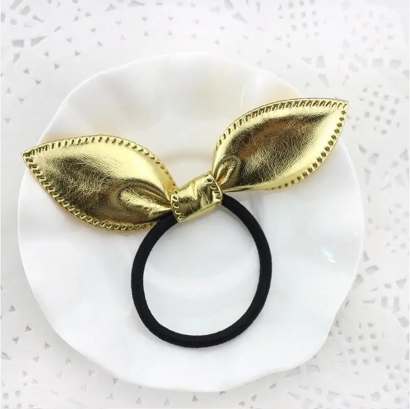 Бантик ушки из искусственной кожи 1 шт. золотистые/Серебристые резинки для волос