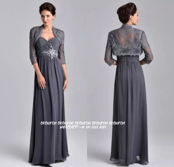 

Long Gray Mother Of The Bride Dresses For Wedding Party Beaded Waist Pleated Chiffon Lace Jacket Wedding Guest Evening Gowns