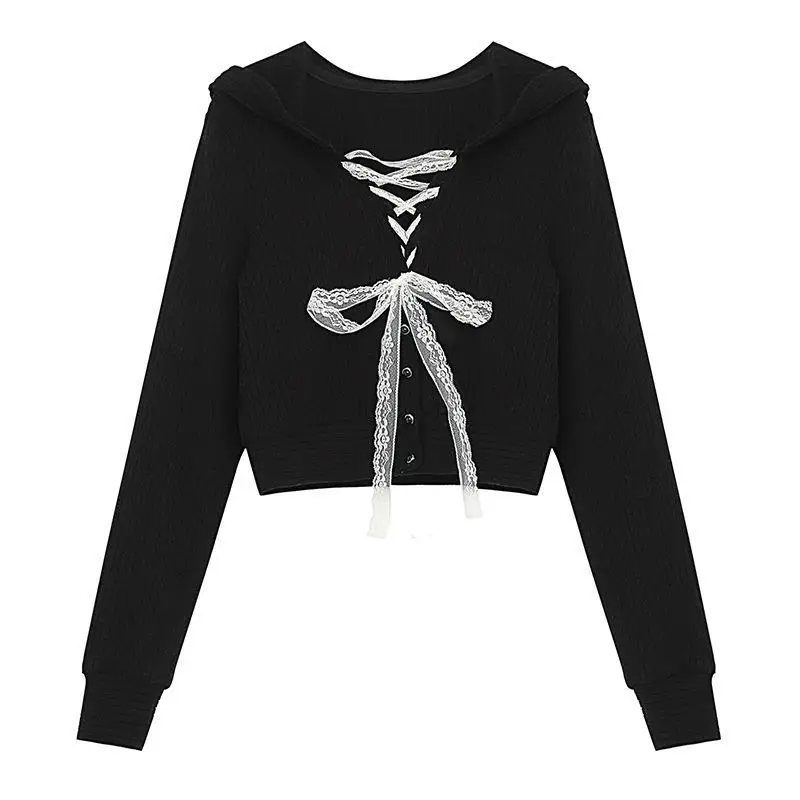 

Женский свитер, черный дизайнерский короткий вязаный Топ, милый кардиган с длинными рукавами и бантом, пальто с капюшоном в Корейском стиле,...