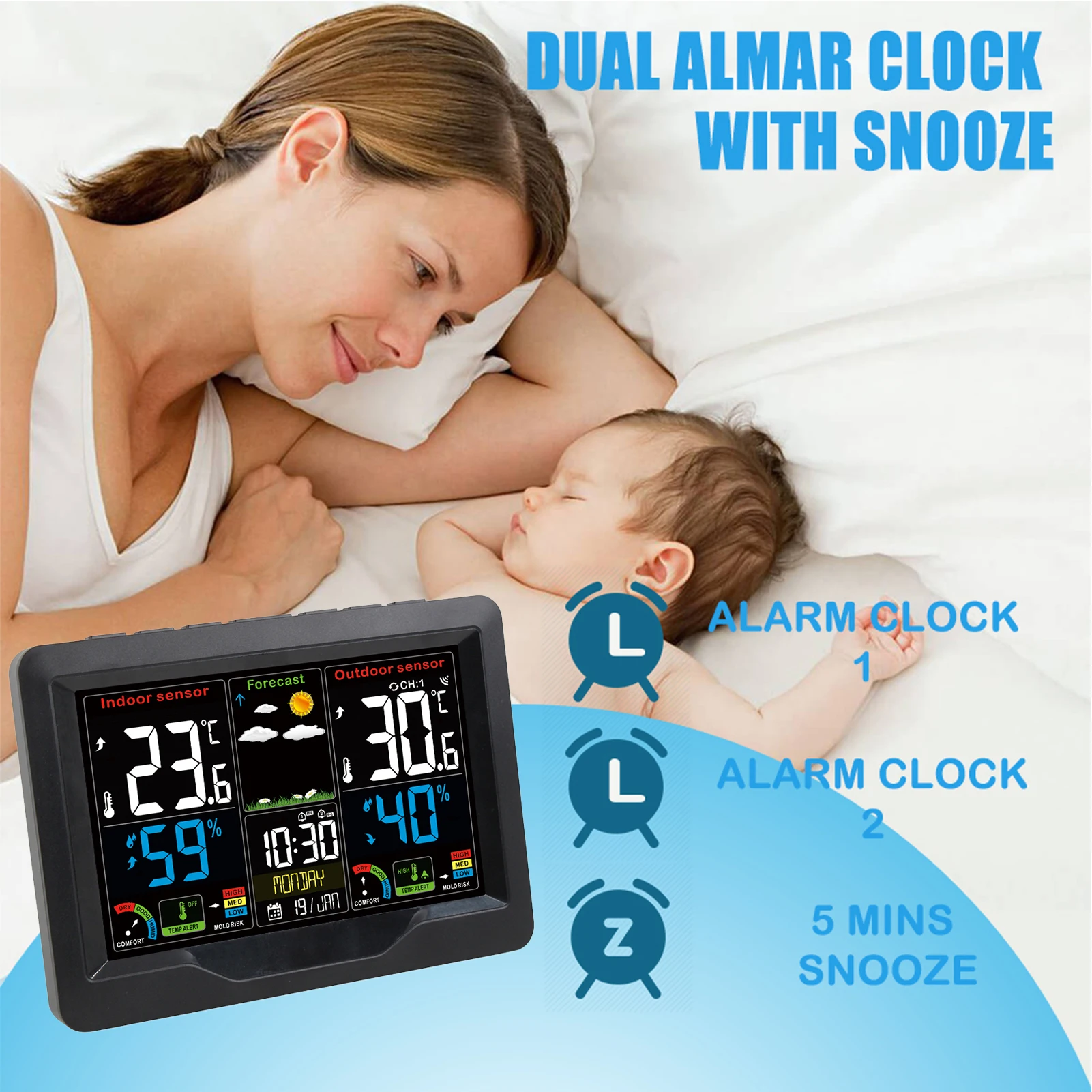 

Wireless Weather Forecast Station Clock RF Indoor Outdoor Screen Clock with RF Transmitter Digital Temperature and Humidity