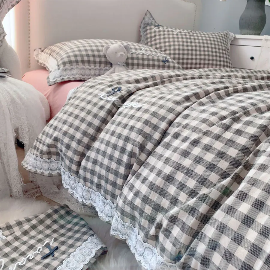 

Fashion geometric lace bedding set,full queen king yellow grey khaki plaid cotton home textile bed sheet pillow case duvet cover