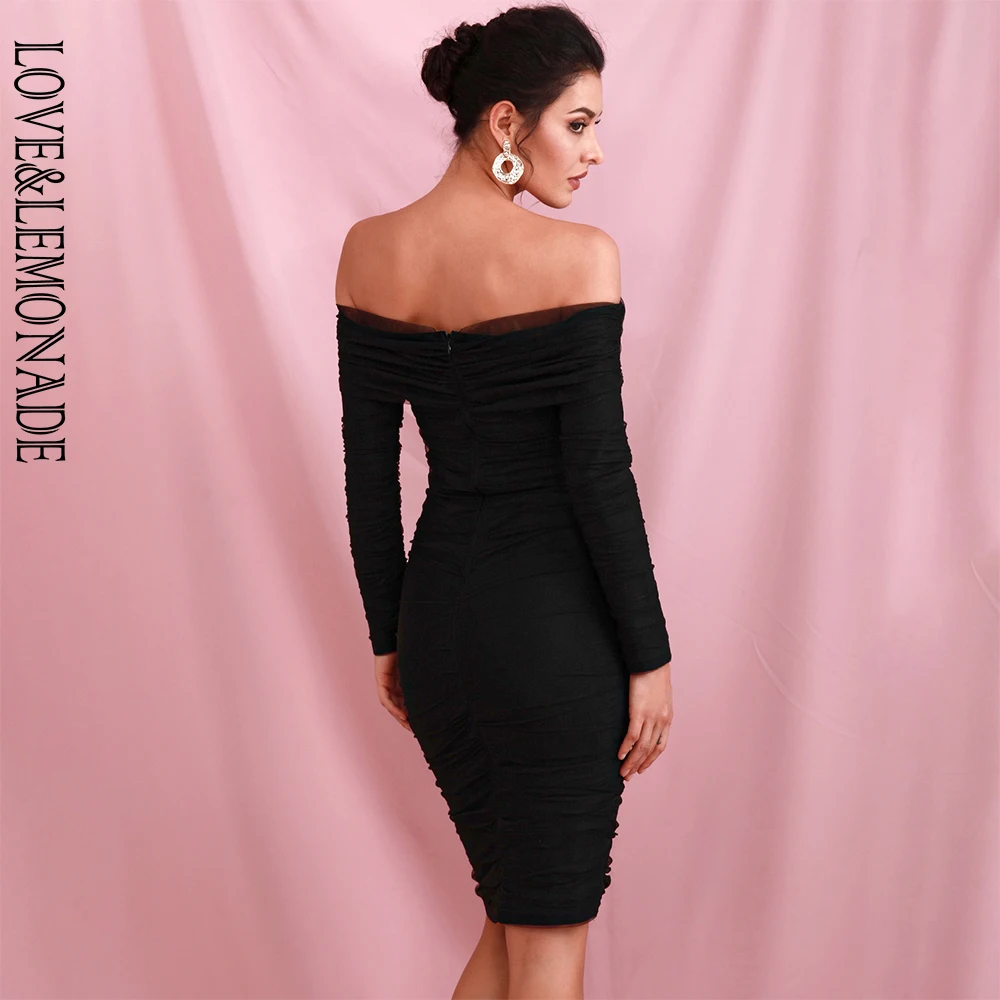 

LOVE&LEMONADE Black Sleeve Collar Long Sleeves Pleated Mesh Bandage Lined Bodycon Mini Dress LM90131