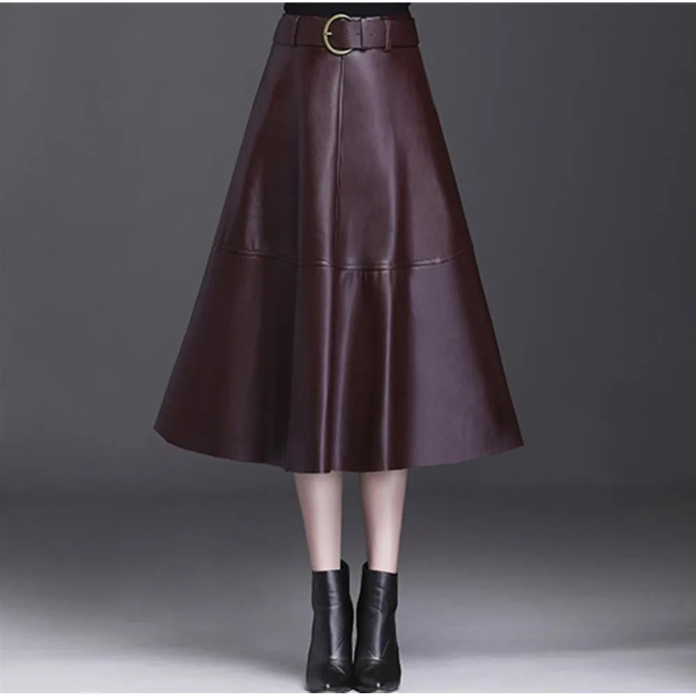 Коричневая Юбка-миди из искусственной кожи трапециевидная однотонная женская