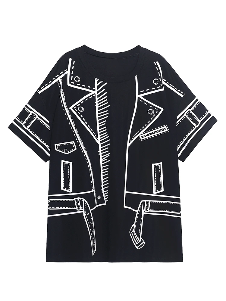 

XUXI Women Black T-shirt Summer 2021 Loose Mid-length Top With Thin Printing O-Neck Hedging T Shirt E1373