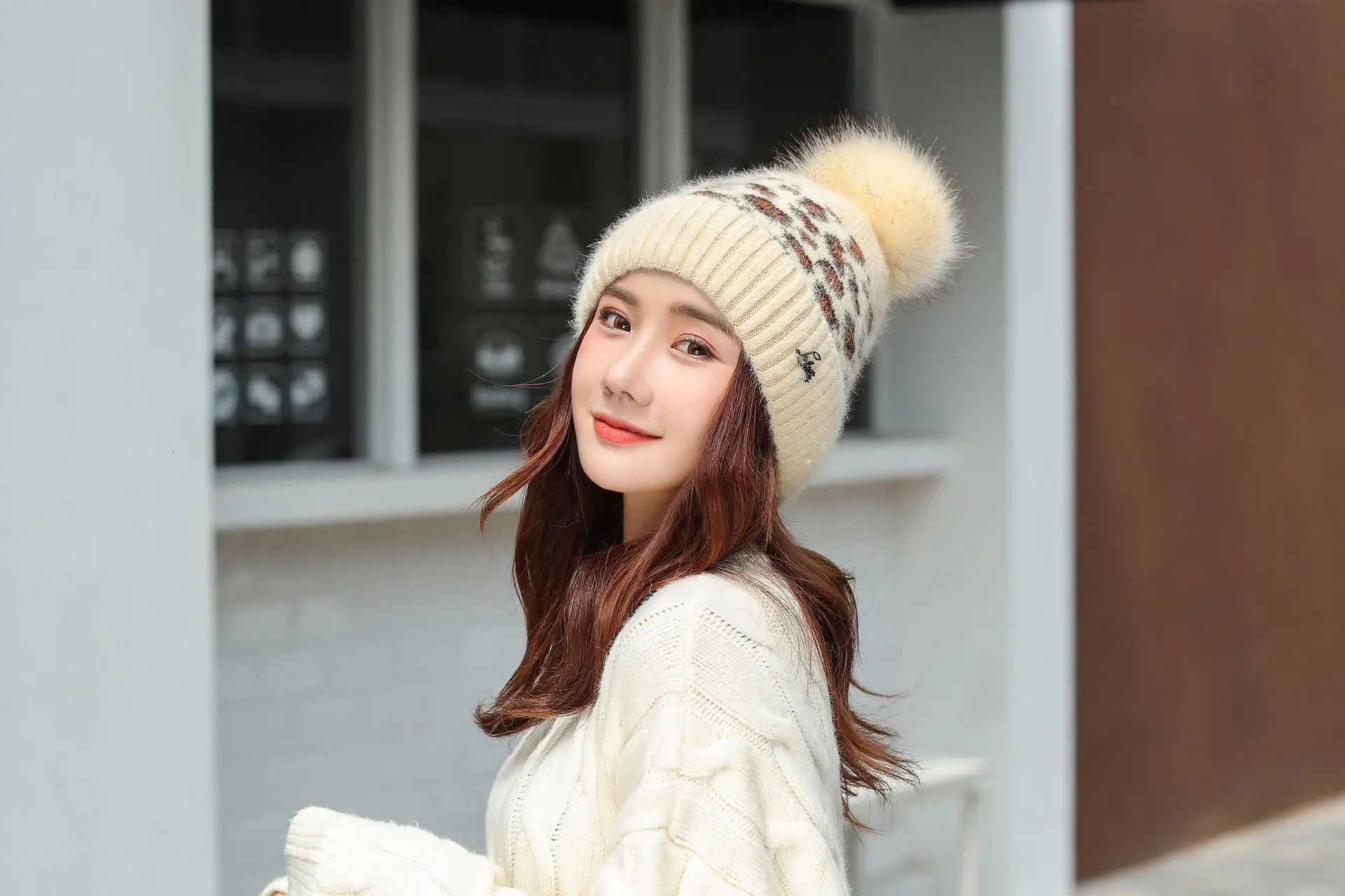 Women Beanies Pom Poms Rabbit Hat Beanie Knitted Skullies Fashion Caps Ladies Knit Cap Winter Hats For Women
