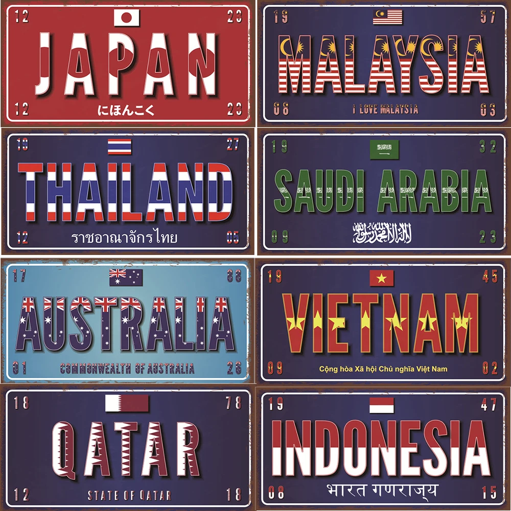 Asia Countries Name Flag License Plate Poster Vintage Home Decor Retro Metal Tin Signs Pub Car Garage Wall Art Decor
