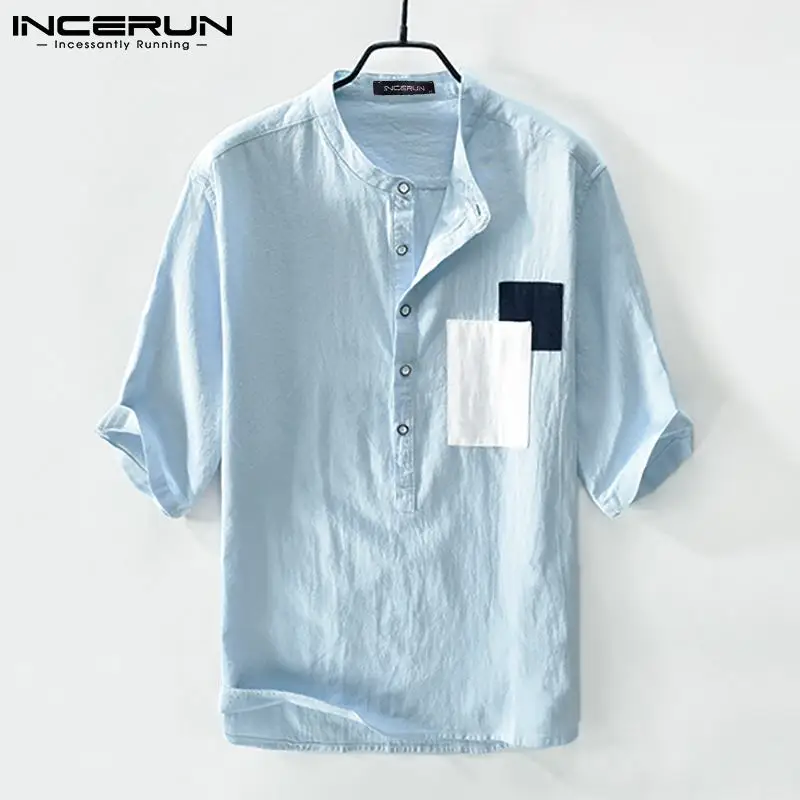 

Men Shirt Patchwork Stand Collar Harajuku Cotton Half Sleeve Streetwear Casual Tops 2021 Breathable Camisa Masculina INCERUN 3XL