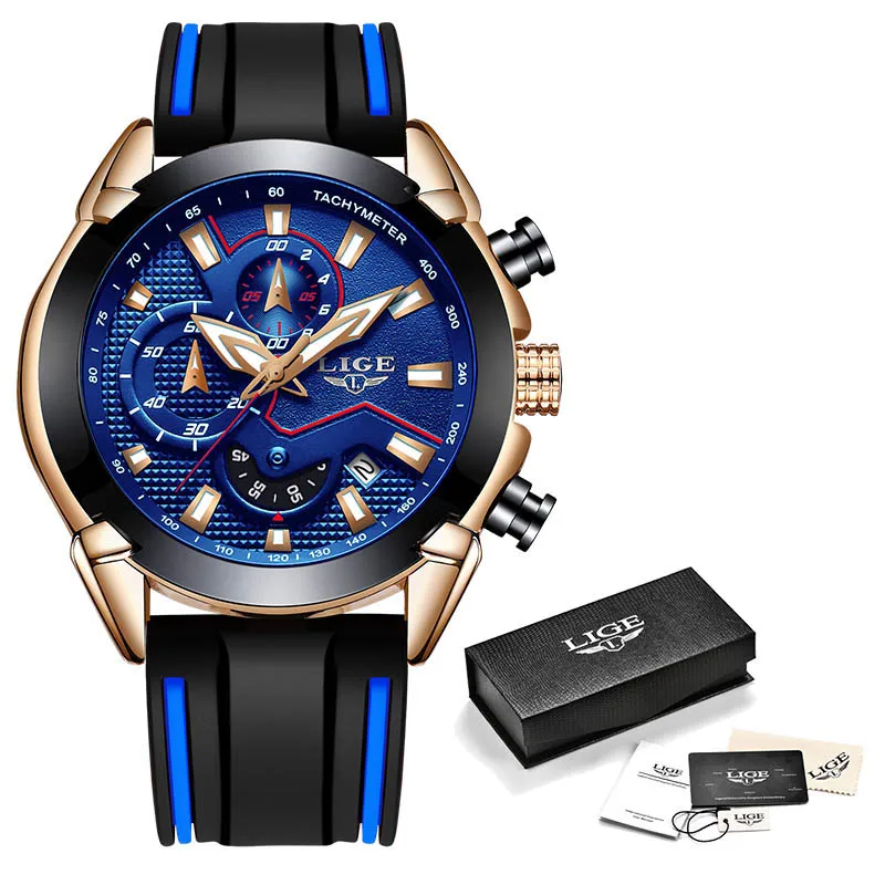 Rose gold blue Relogio Masculino LIGE новые модные мужские часы с силиконовым ремешком лучший бренд класса люкс водонепроницаемый спортивный хронограф кварцевые часы для мужчин - Цвет: Rose gold blue