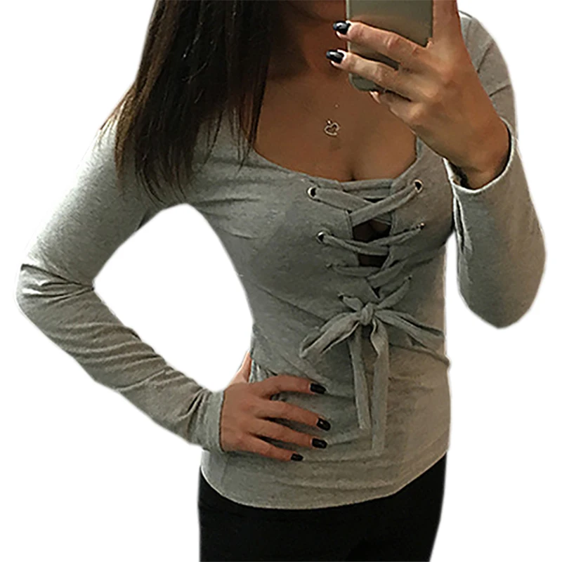 5 цветов Женские повседневные футболки топ сексуальный бандаж шнуровка длинный