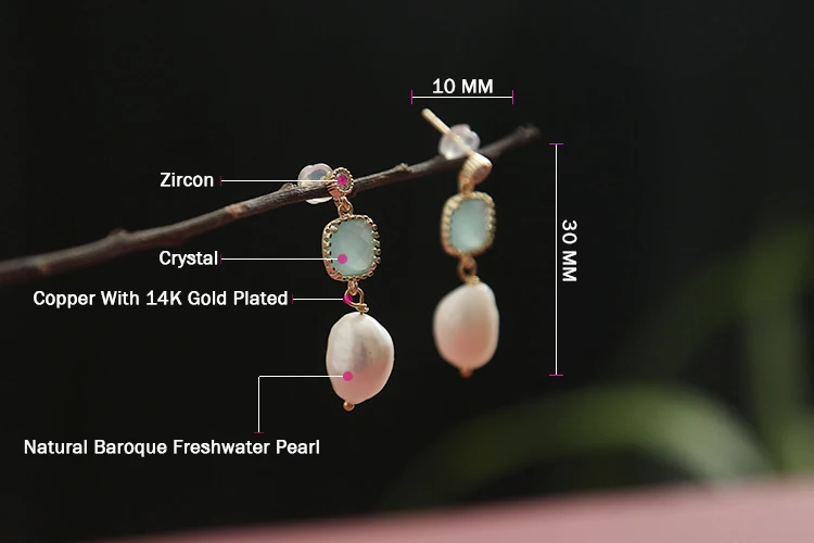 

GREEN PURPLE Natural Freshwater White Pearl Dangle Earring For Women Light Blue Crystal Korean Charm Fashion Jewelry