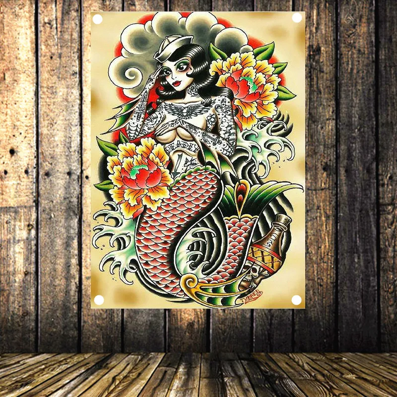 

High quality Old school Tattoo Flags big HD print banner Wall Stickers Live room repair shop billiard hall vintage decoration
