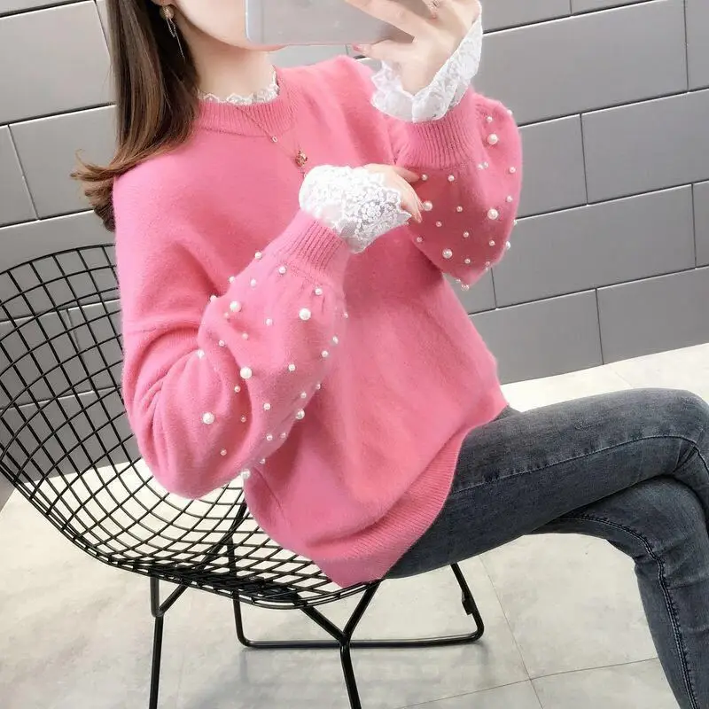 

2022 New Round Neck Pullovers Loose Lace Sweater Beaded Jumper Korean Fake Two-piece Sweater Women's Jacket Knitting Tops Y620